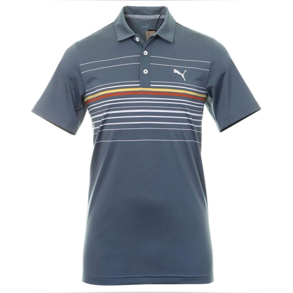 Puma MATTR Canyon Golf Polo Blue/Grey w/White, Orange & Yellow Stripes Sz. Med